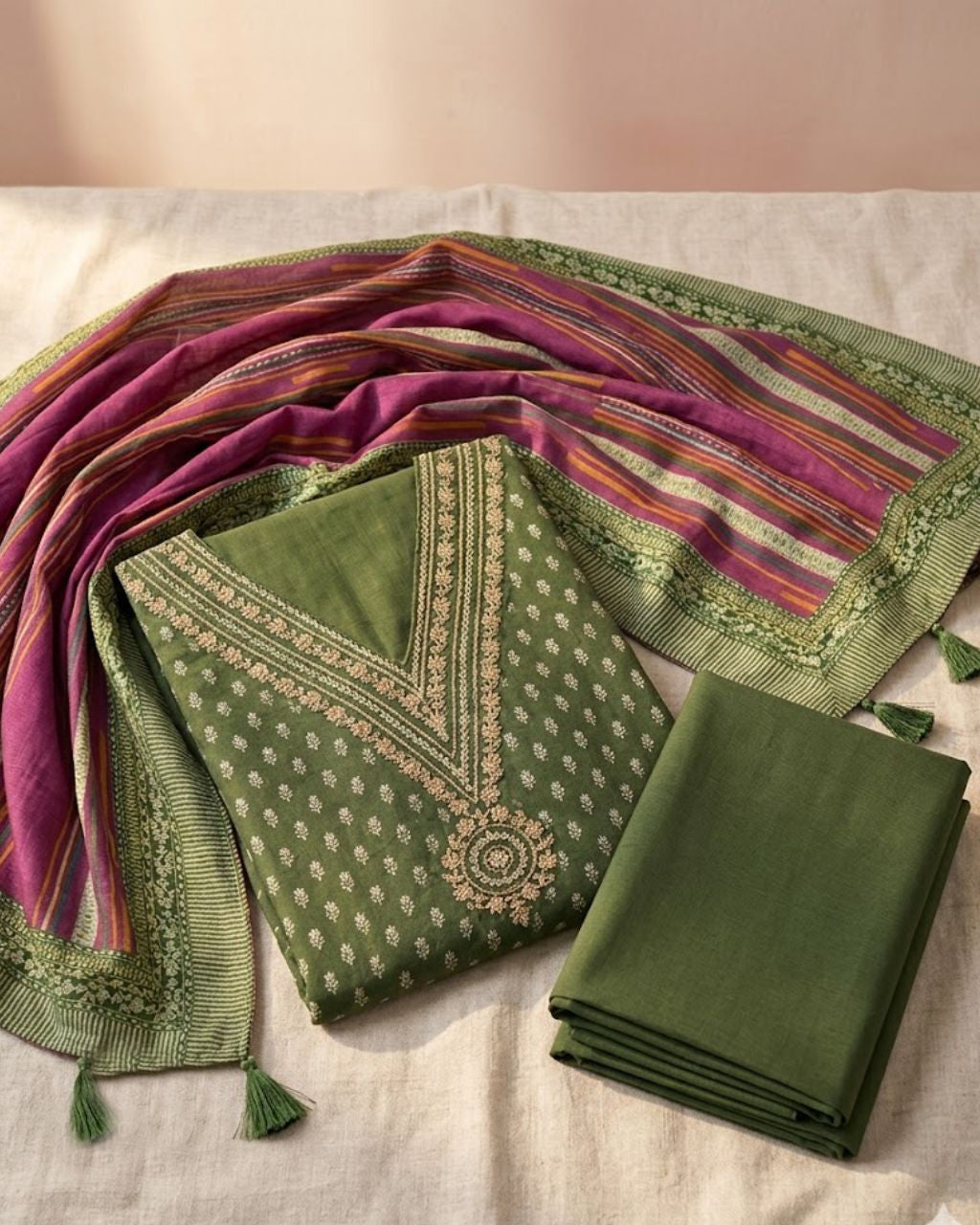 Obscure Olive Green Muslin Silk Digital Foil Radiance Statement