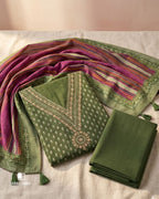 Obscure Olive Green Muslin Silk Digital Foil Radiance Statement
