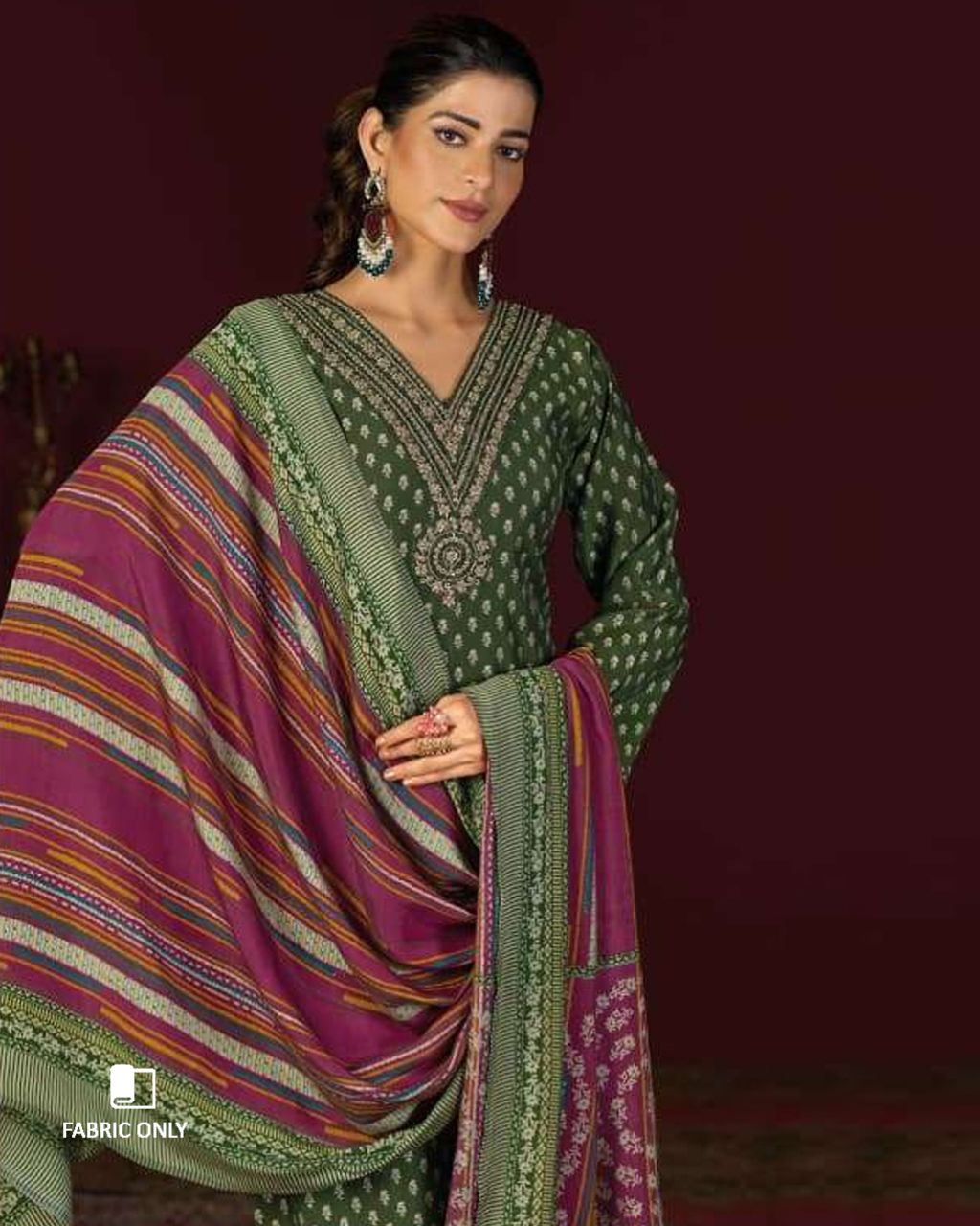Obscure Olive Green Muslin Silk Digital Foil Radiance Statement