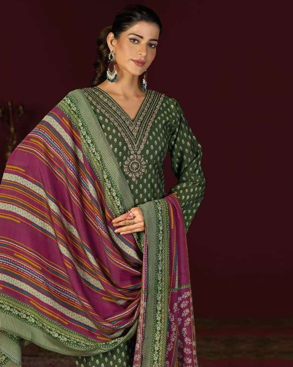 Obscure Olive Green Muslin Silk Digital Foil Radiance Statement