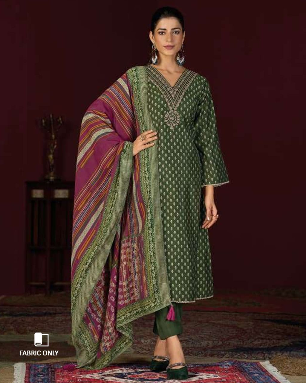 Obscure Olive Green Muslin Silk Digital Foil Radiance Statement