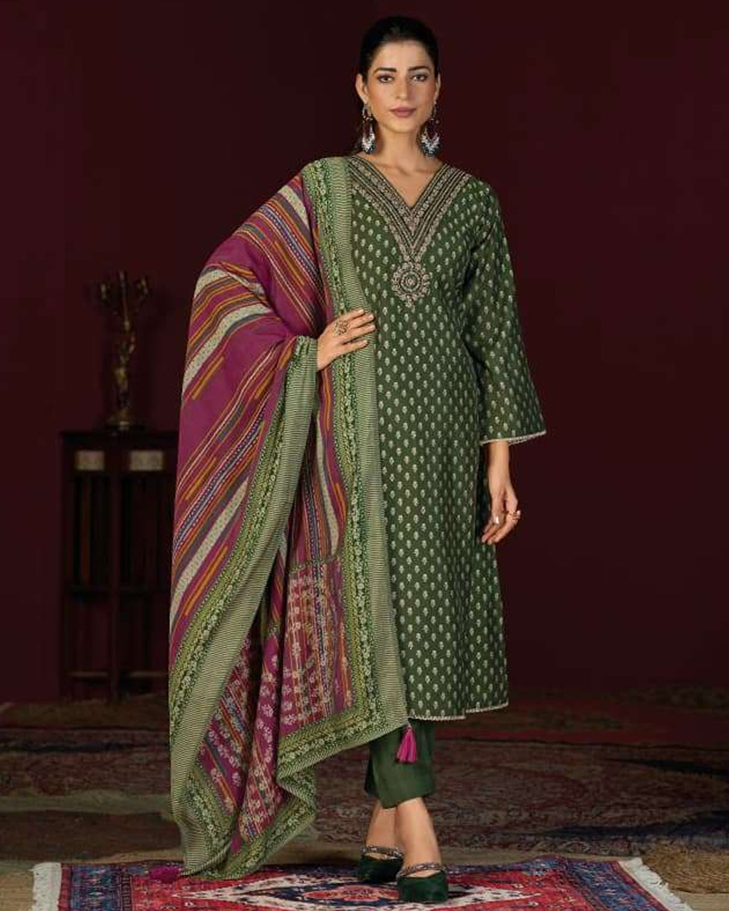 Obscure Olive Green Muslin Silk Digital Foil Radiance Statement