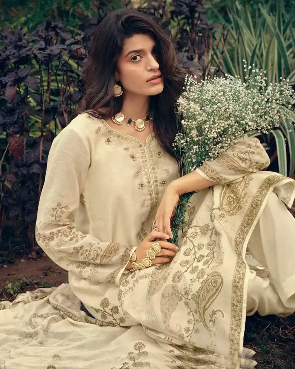 Dairy Cream Beige Viscose Linen Khatli Crafted Elegance Set