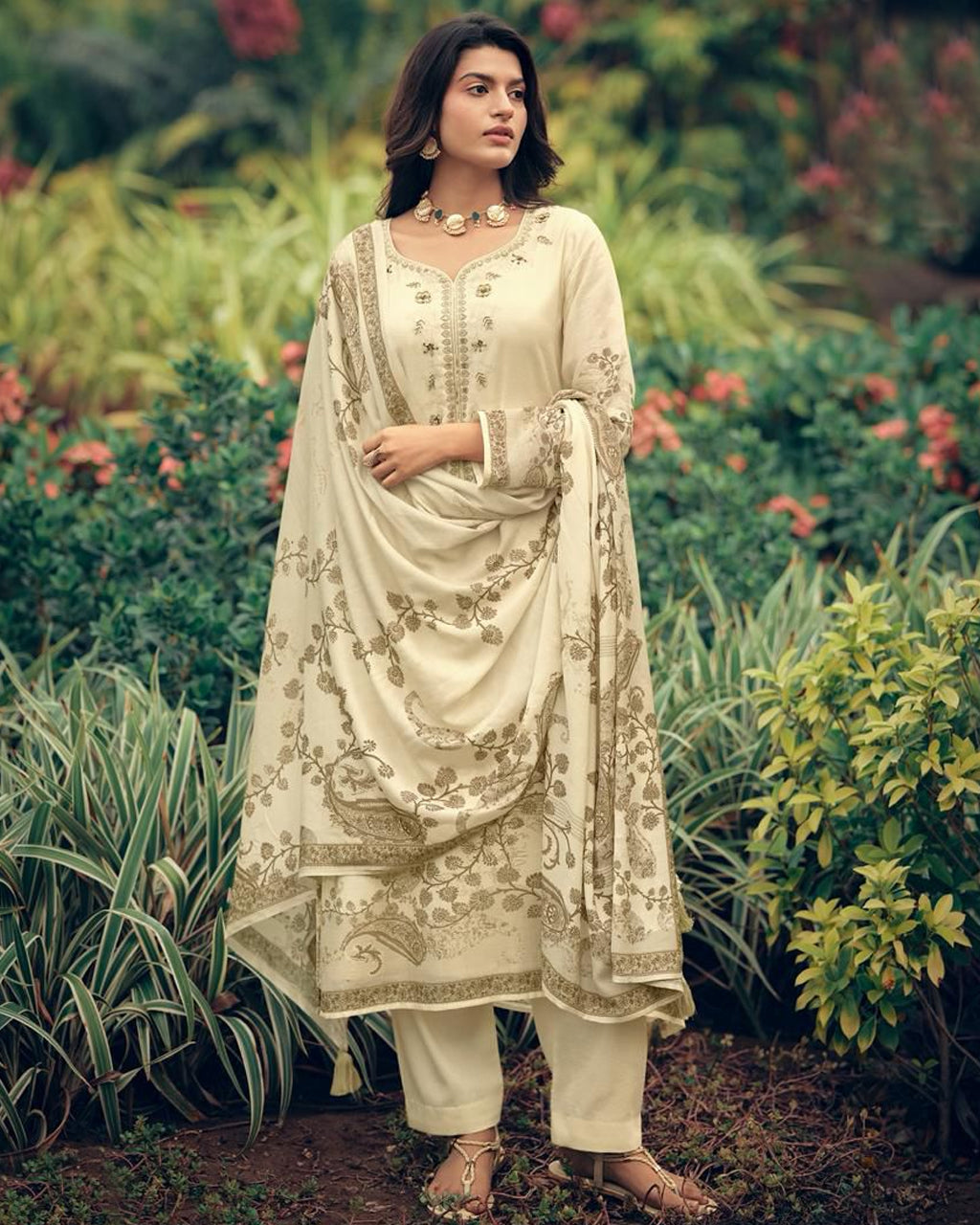 Dairy Cream Beige Viscose Linen Khatli Crafted Elegance Set