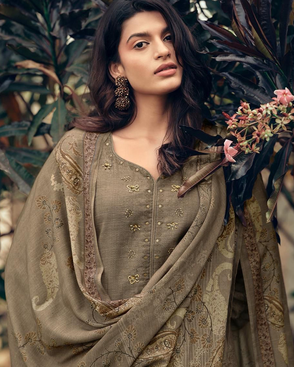 Cardamom Spice Brown Viscose Linen Digital Printed With Heavy Khatli Work