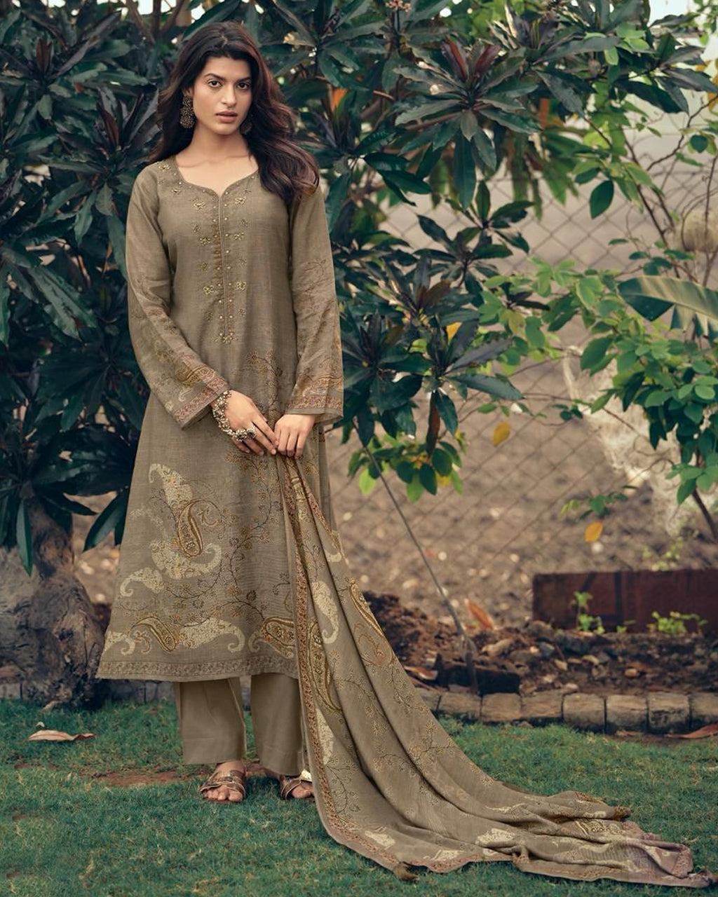 Cardamom Spice Brown Viscose Linen Digital Printed With Heavy Khatli Work