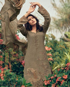 Cardamom Spice Brown Viscose Linen Digital Printed With Heavy Khatli Work