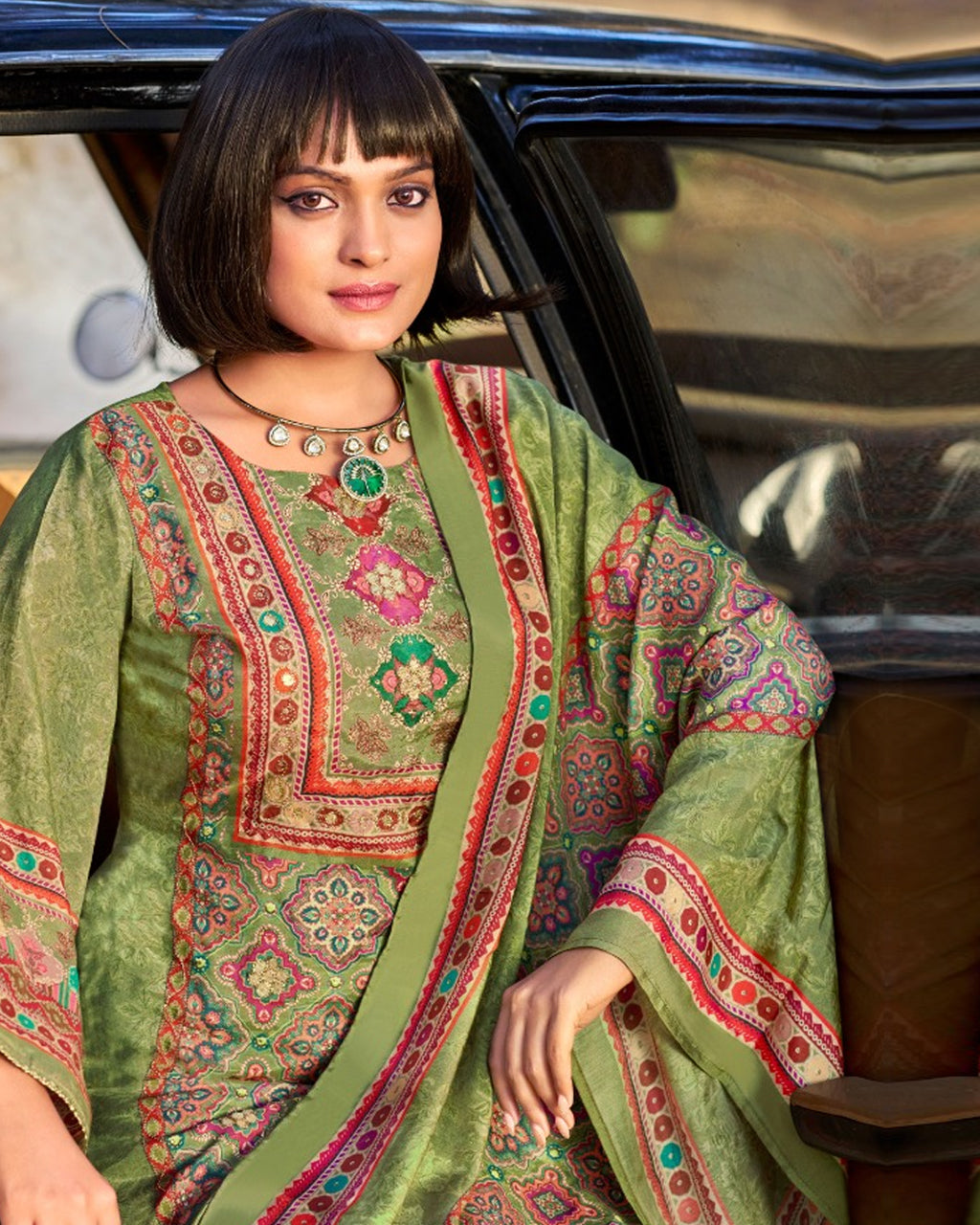 Camo Green Viscose Muslin Exclusive Gota Detailing Heritage Glow