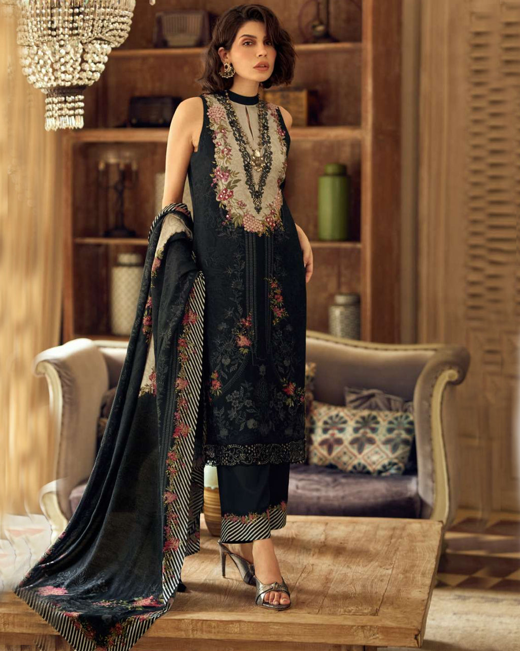Dark Moon Black Muslin Digital Print Handworked Radiant Set