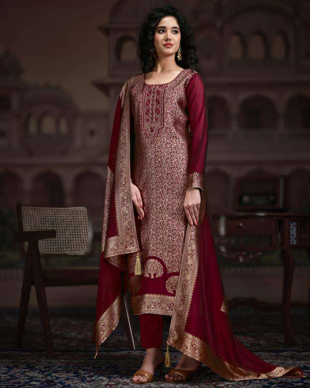 Maroon Oak Viscose Silk Jacquard Zari Regal Edit