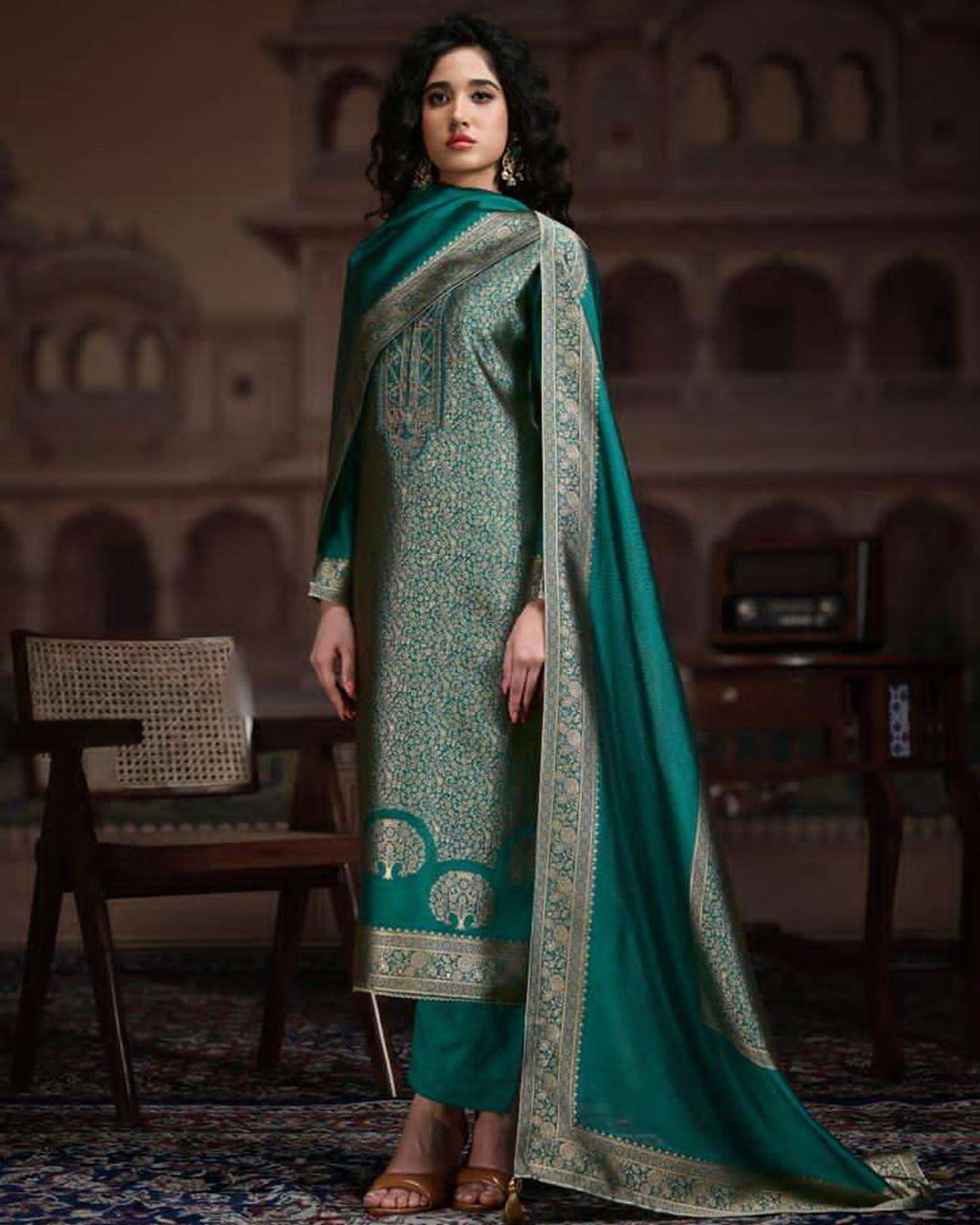 Deep Sea Green Viscose Silk Jacquard Zari Crafted Opus