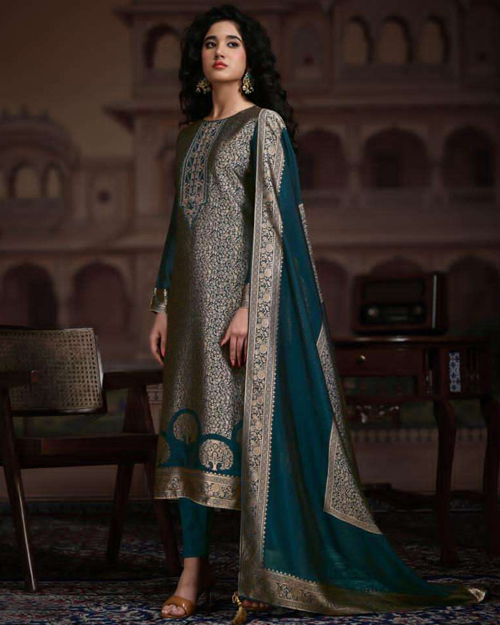 Artist Blue Viscose Silk Jacquard Zari Radiance Chapter