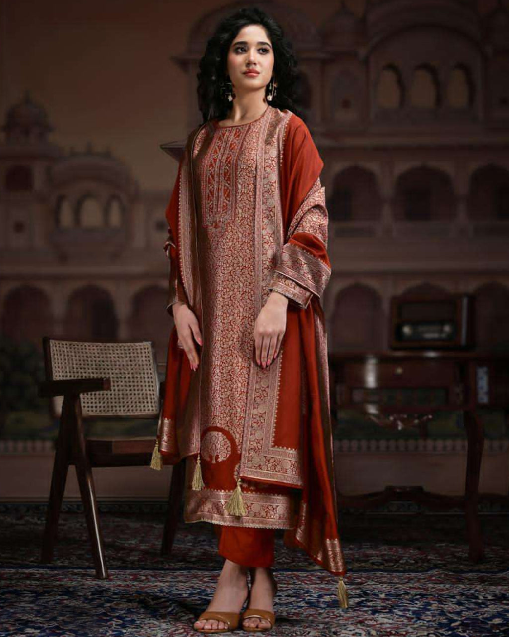 Joyous Red Viscose Silk Jacquard Zari Elegance Craft