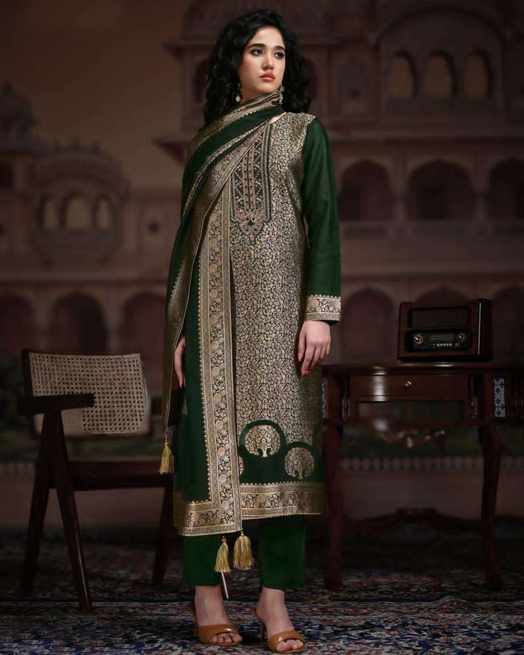 Zucchini Dark Green Viscose Silk Jacquard Festive Statement