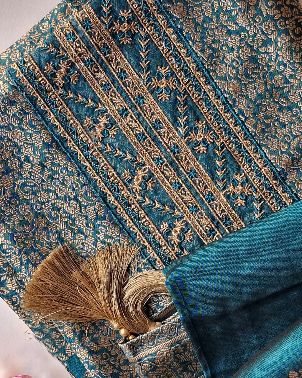 Deep Sea Green Viscose Silk Jacquard Zari Crafted Opus