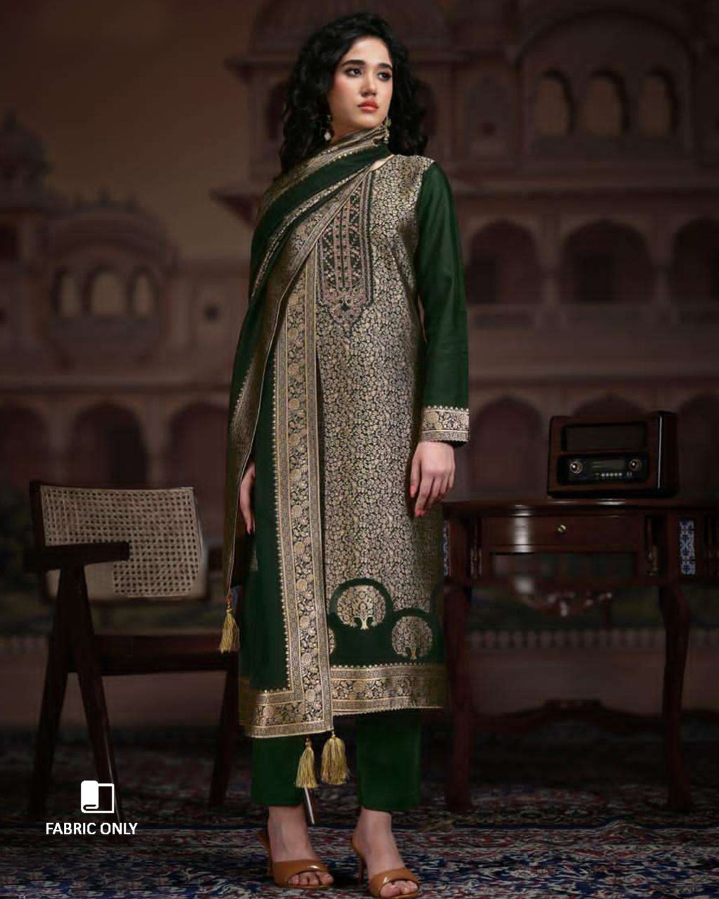 Zucchini Dark Green Viscose Silk Jacquard Festive Statement