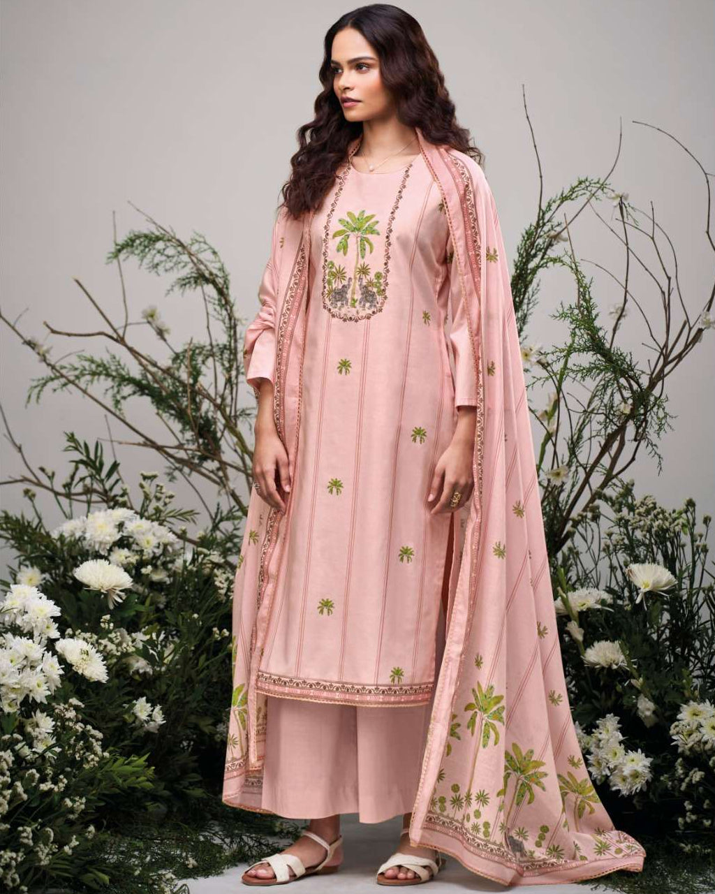 Rose Fog Pink Cotton Printed Crochet Lace Grace Set