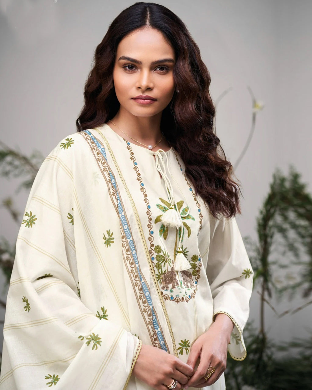 Grand Heron White Premium Cotton Printed With Crochet Lace