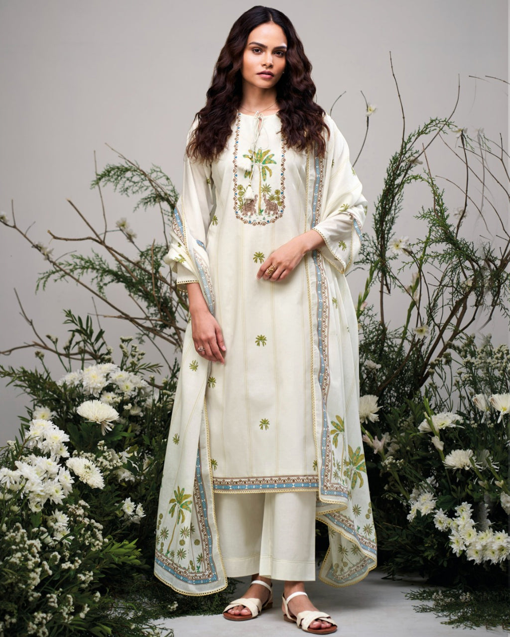 Grand Heron White Premium Cotton Printed With Crochet Lace