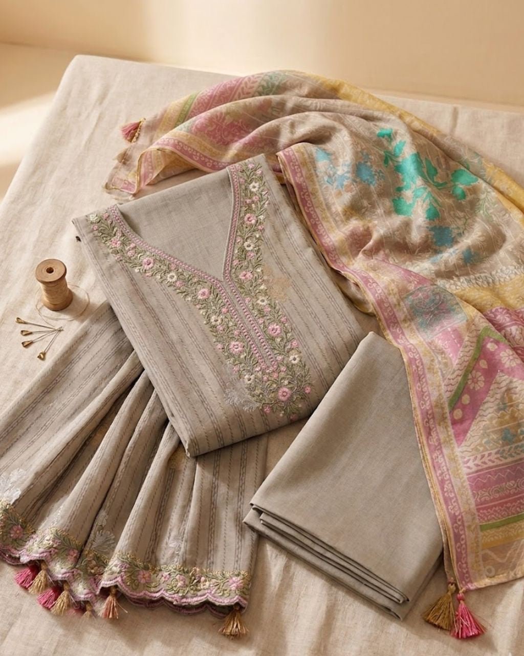 Kiln Clay Beige Viscose Muslin Digital Printed With Daman Embroidery Modern Muse