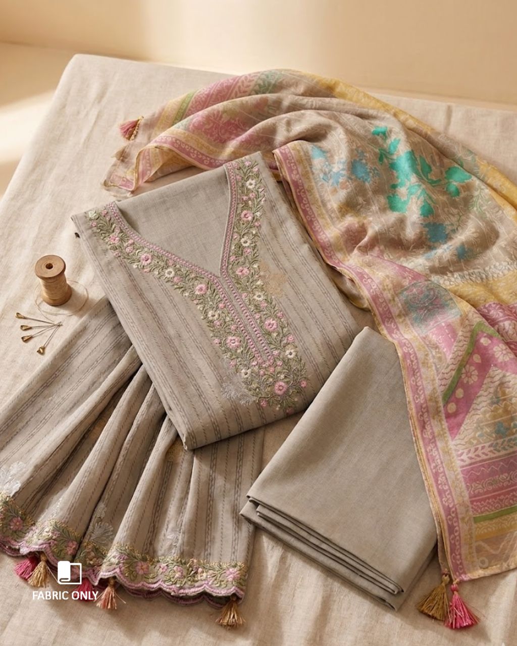 Kiln Clay Beige Viscose Muslin Digital Printed With Daman Embroidery Modern Muse