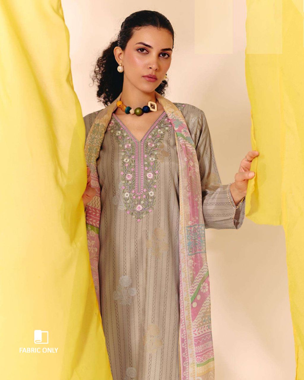 Kiln Clay Beige Viscose Muslin Digital Printed With Daman Embroidery Modern Muse