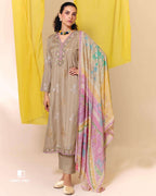 Kiln Clay Beige Viscose Muslin Digital Printed With Daman Embroidery Modern Muse