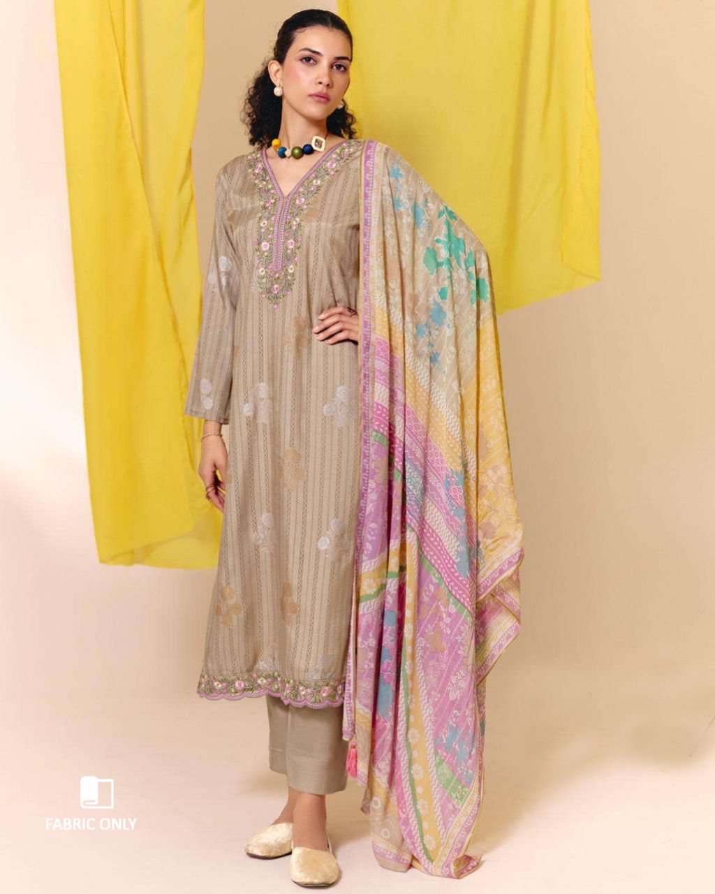 Kiln Clay Beige Viscose Muslin Digital Printed With Daman Embroidery Modern Muse