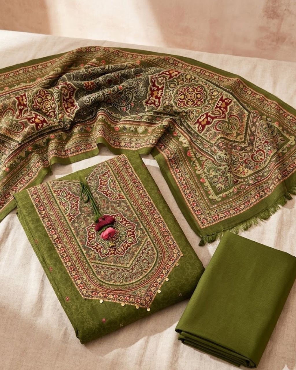 Field Drab Green Bemberg Muslin Silk Khatli Crafted Regal Edit