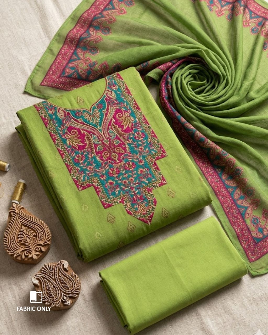 Jungle Vibes Green Jam Cotton With Khatli Hand Work Charm With Modern Prints