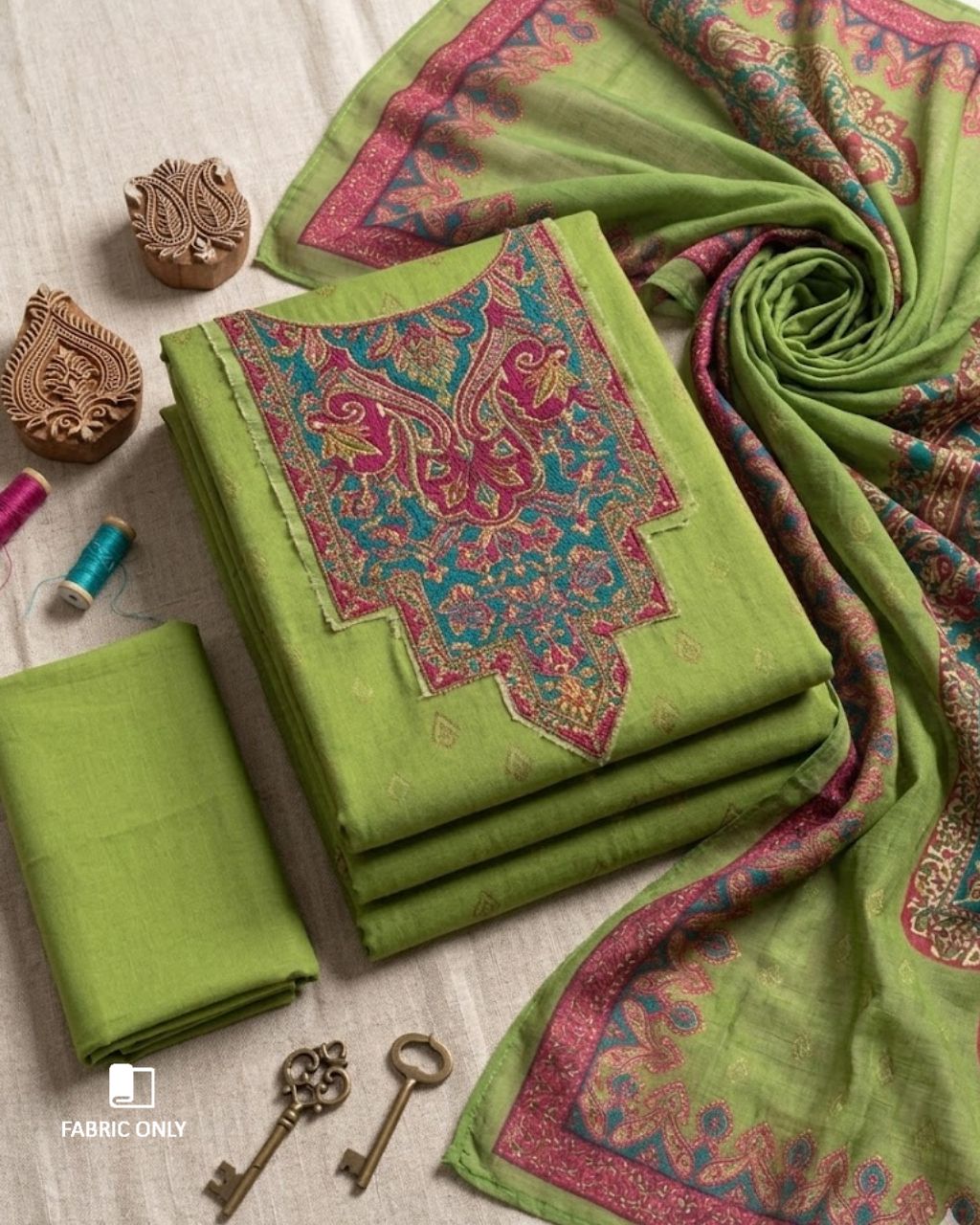 Jungle Vibes Green Jam Cotton With Khatli Hand Work Charm With Modern Prints