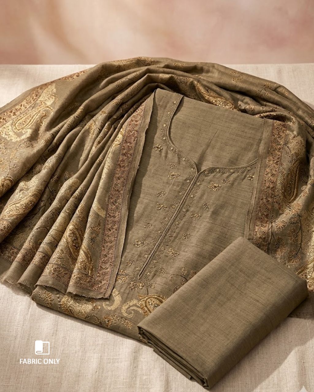 Cardamom Spice Brown Viscose Linen Digital Printed With Heavy Khatli Work
