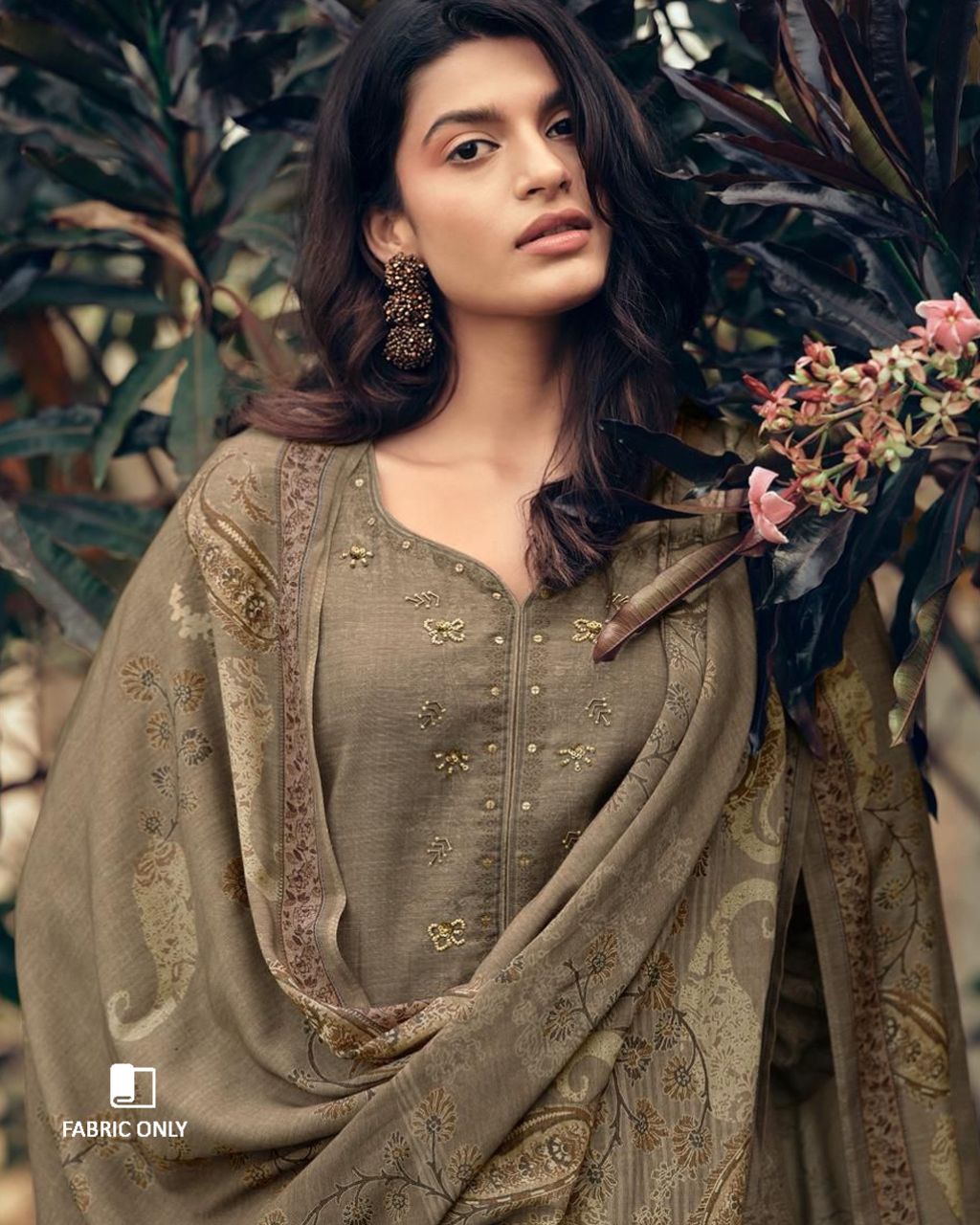 Cardamom Spice Brown Viscose Linen Digital Printed With Heavy Khatli Work