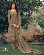 Cardamom Spice Brown Viscose Linen Digital Printed With Heavy Khatli Work