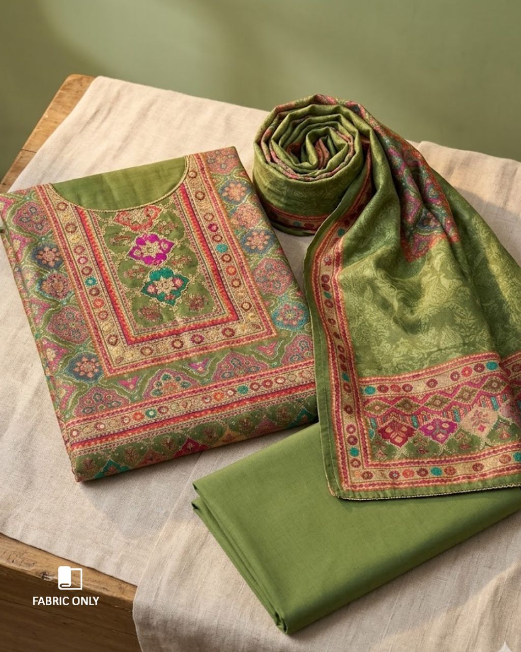 Camo Green Viscose Muslin Exclusive Gota Detailing Heritage Glow