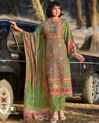 Camo Green Viscose Muslin Exclusive Gota Detailing Heritage Glow