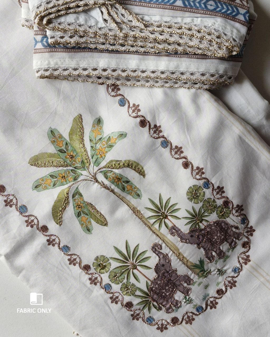 Grand Heron White Premium Cotton Printed With Crochet Lace