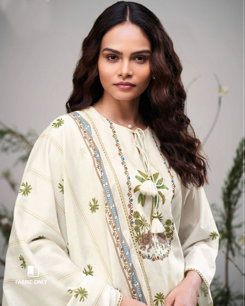 Grand Heron White Premium Cotton Printed With Crochet Lace