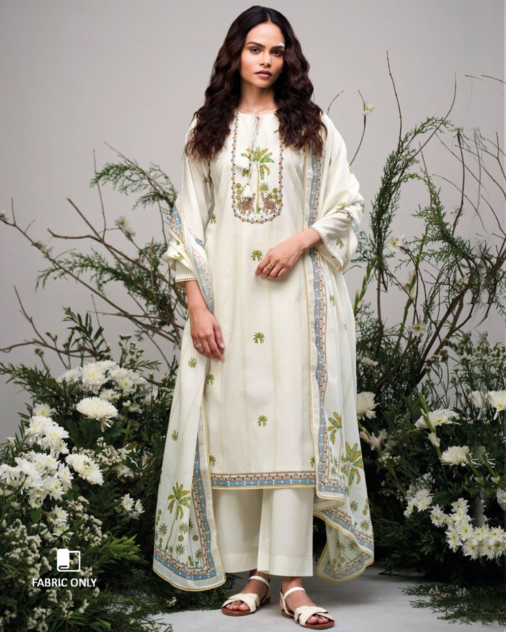 Grand Heron White Premium Cotton Printed With Crochet Lace