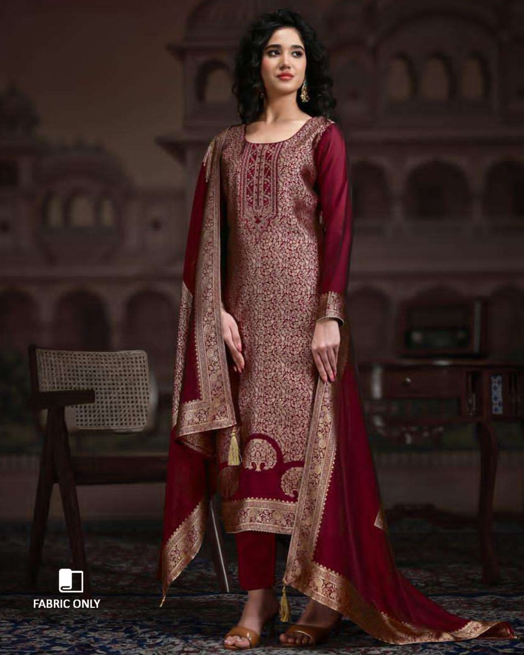Maroon Oak Viscose Silk Jacquard Zari Regal Edit