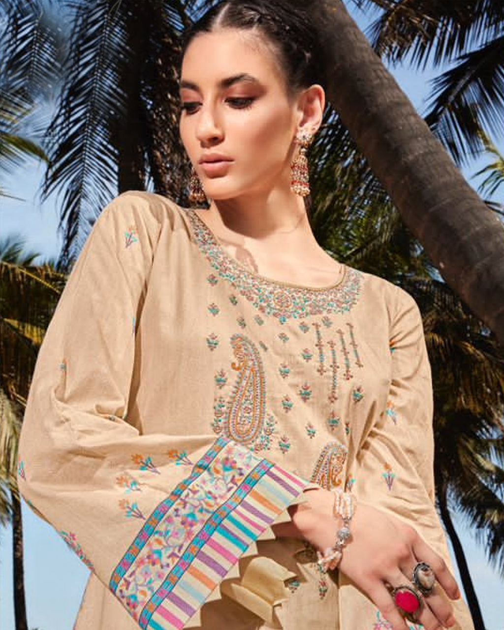 Zing Beige Cambric Digital Print Designer Unstitched Dress Fabric