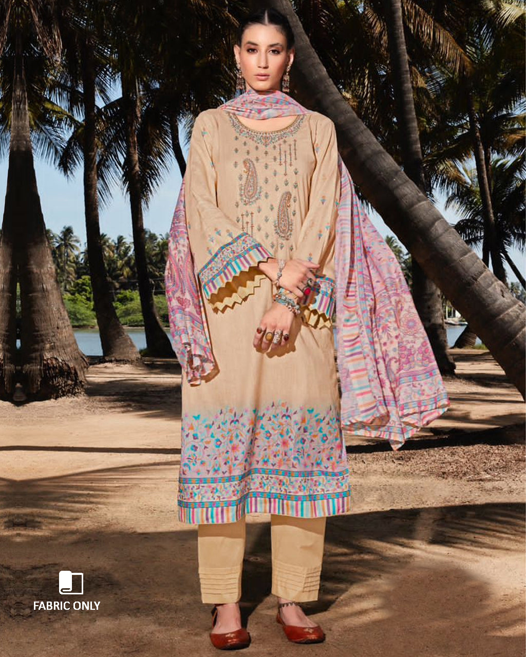 Zing Beige Cambric Digital Print Designer Unstitched Dress Fabric