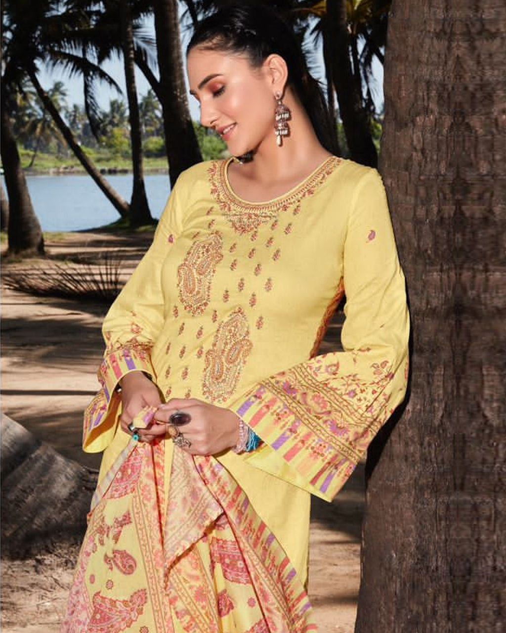 Sand Yellow Cambric Digital Print Unstitched Dress Material