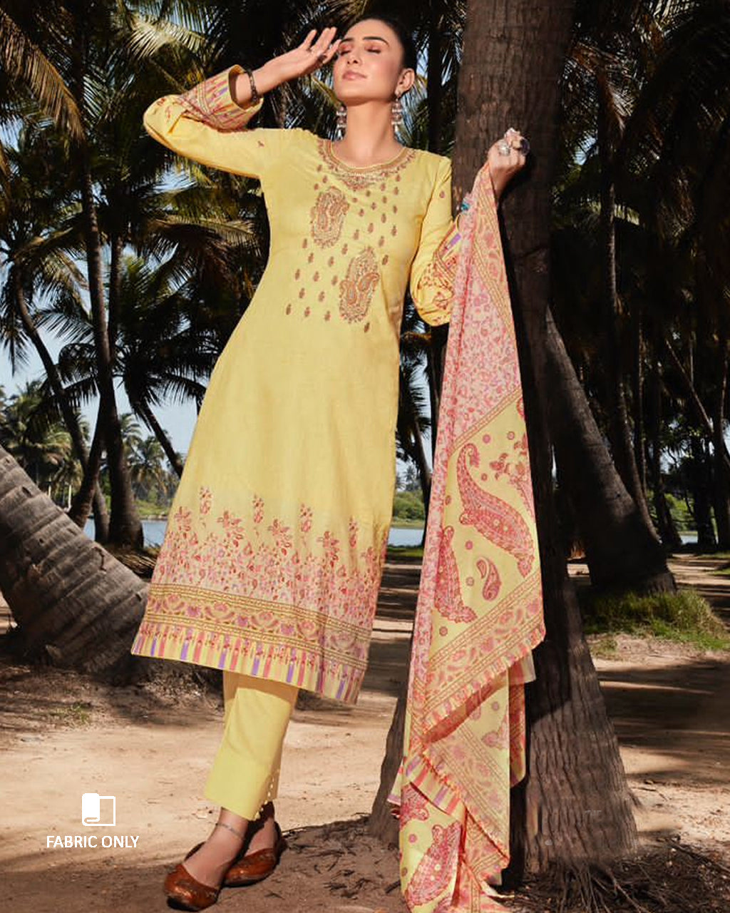 Sand Yellow Cambric Digital Print Unstitched Dress Material