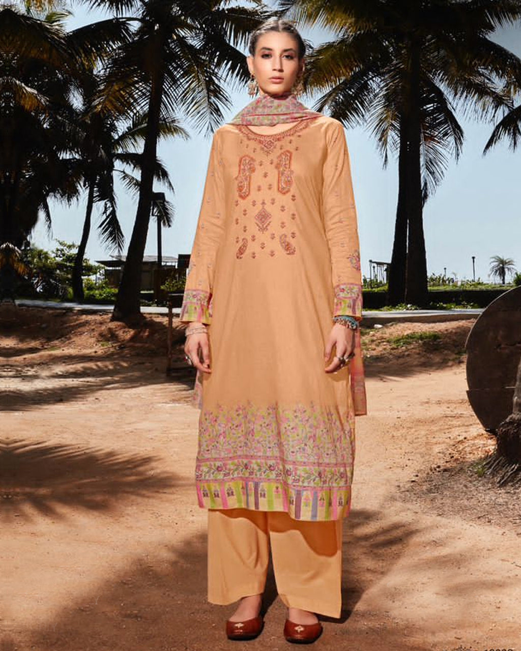 Ninjin Orange Cambric Digital Print Embroidered Effortless Elegance