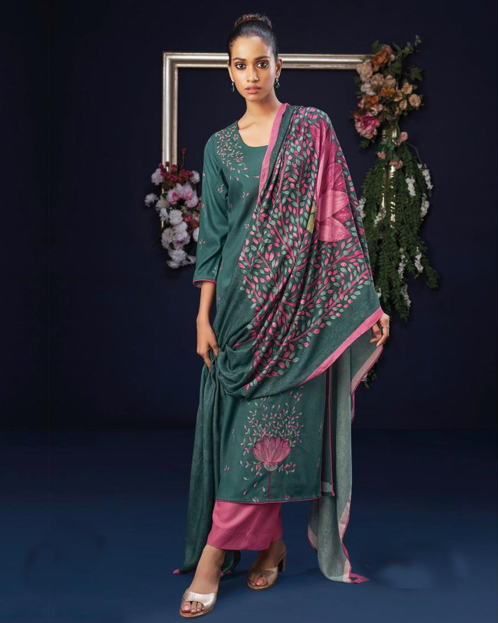 Carriage Green Pure Pashmina Embroidered Classic Wear