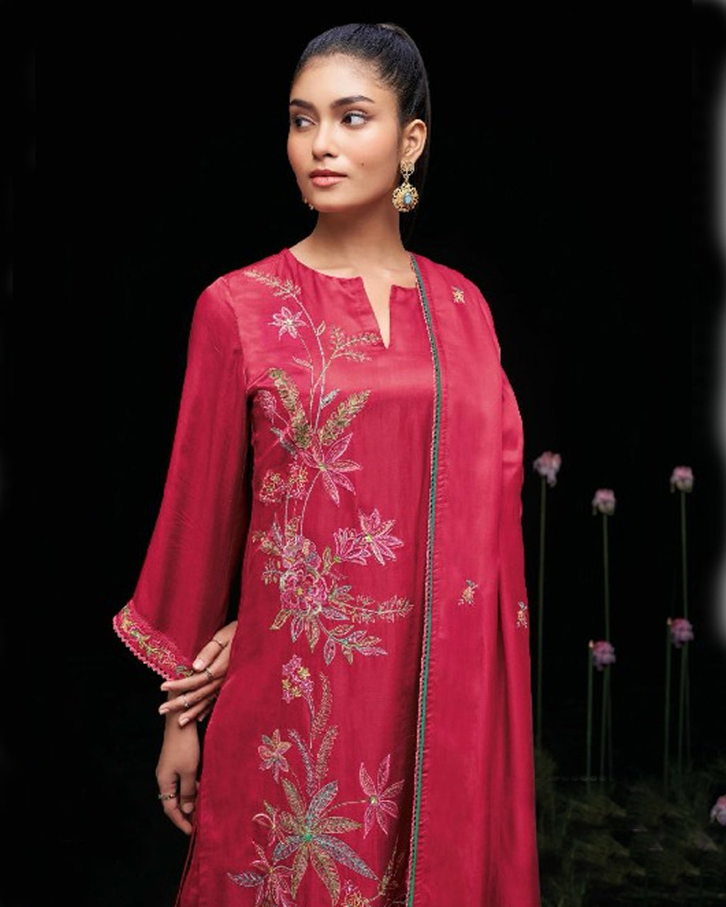 Red Peppercorn Ghazi Silk Heavy Embroidery Lace Work Royal Edit