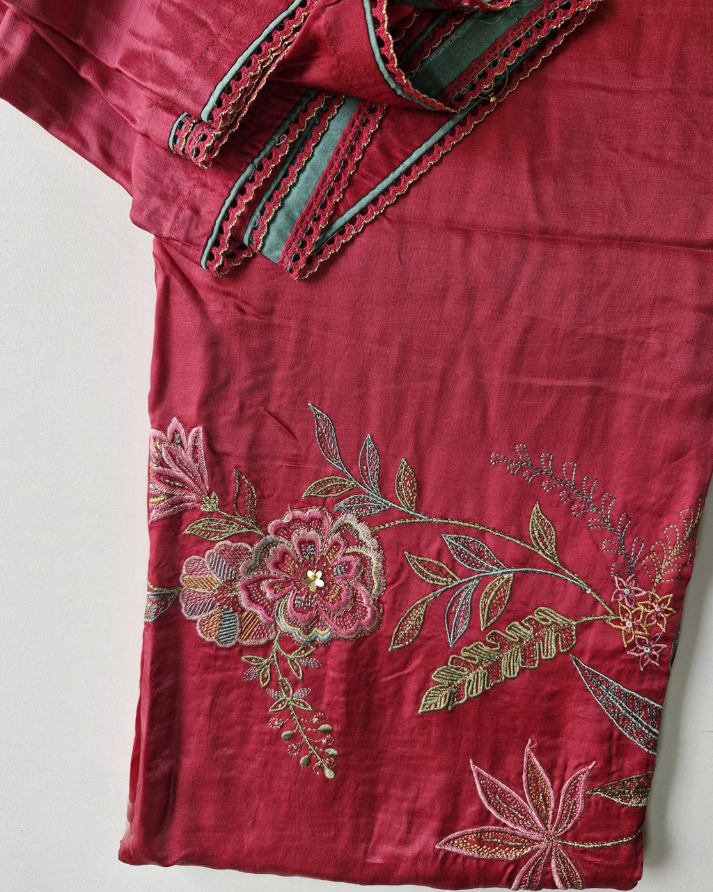 Red Peppercorn Ghazi Silk Heavy Embroidery Lace Work Royal Edit