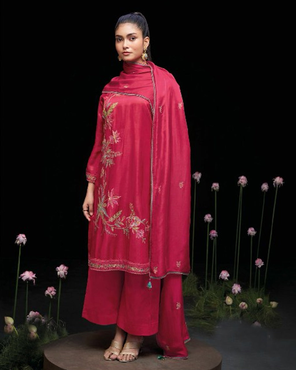 Red Peppercorn Ghazi Silk Heavy Embroidery Lace Work Royal Edit