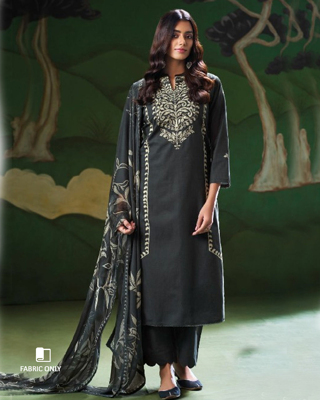 Shadow Warrior Black Premium Cotton & Chiffon Unstitched Dress Material